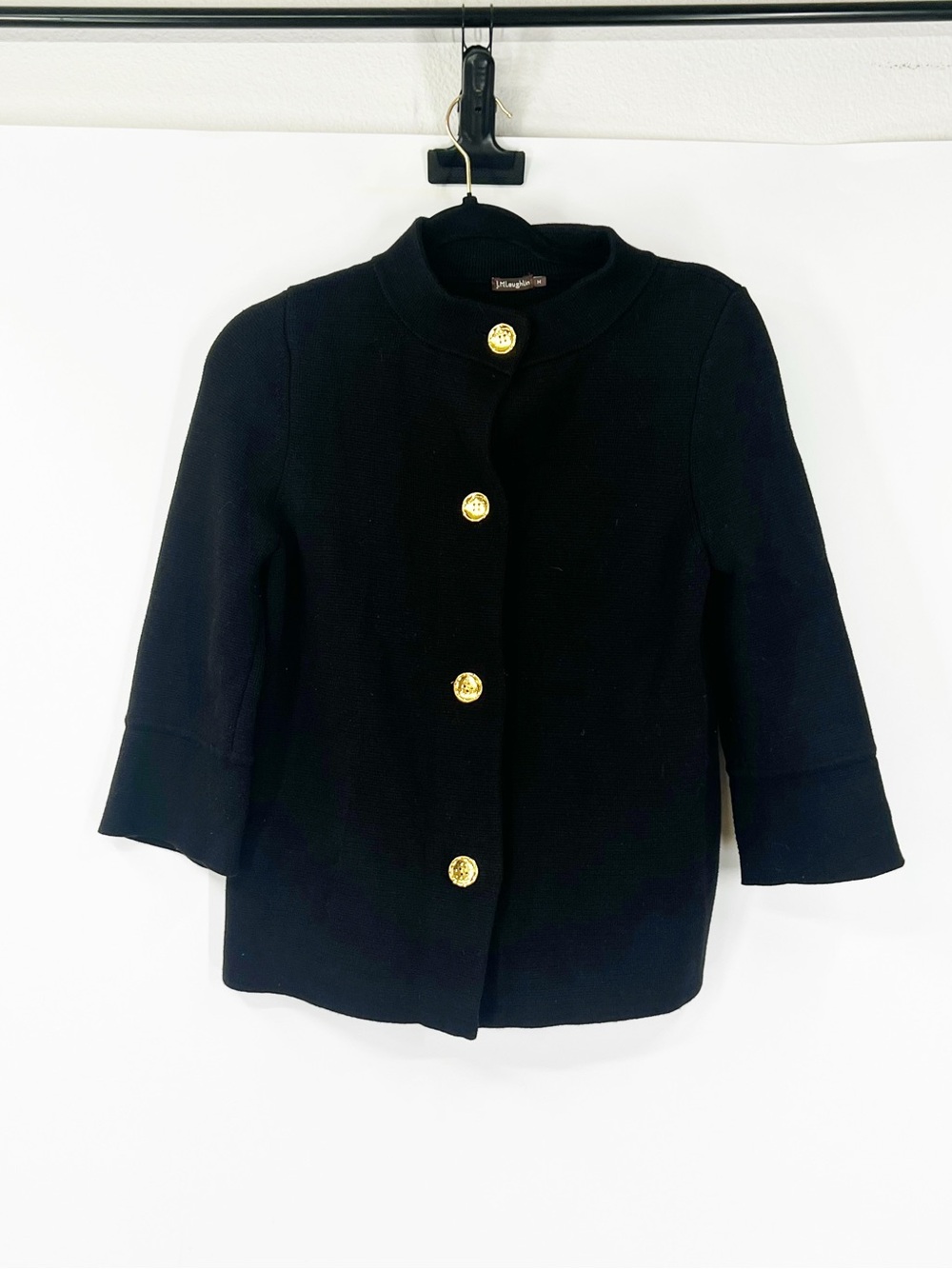 J. McLaughlin Black Ribbed Knit Cardigan Jacket 3/4 Sleeve Cotton Blend